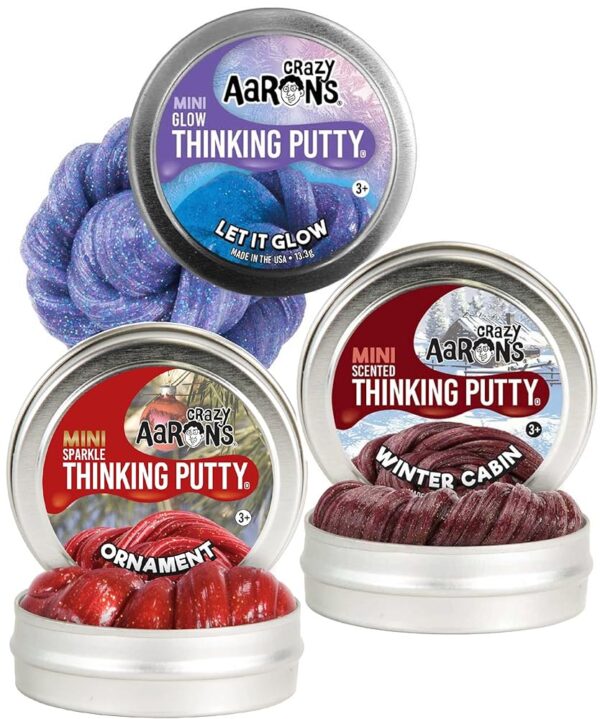 Crazy Aaron's Putty Mini Tins Holiday (Christmas) Trio Set with Winter Cabin, Ornament & Let it Glow - 3 Pack (.47oz Each)