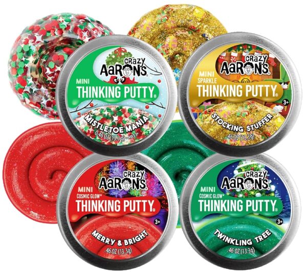 Crazy Aaron's Putty Mini Tins 2023 Holiday (Christmas) Set with Merry & Bright (Cosmic Glow), Stocking Stuffer (Sparkle), Twinkling Tree (Cosmic Glow) and Mistletoe Mania - 4...